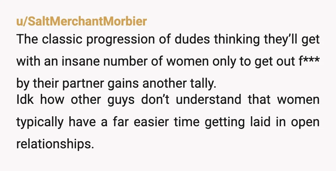 u/SaltMerchantMorbier The classic progression of dudes thinking they’ll get with an insane number of women only to get out f*** by their partner gains another tally.  Idk how other guys...