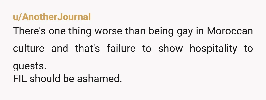 u/AnotherJournal
There's one thing worse than being gay in Moroccan culture and that's failure to show hospitality to guests.
FIL should be ashamed.