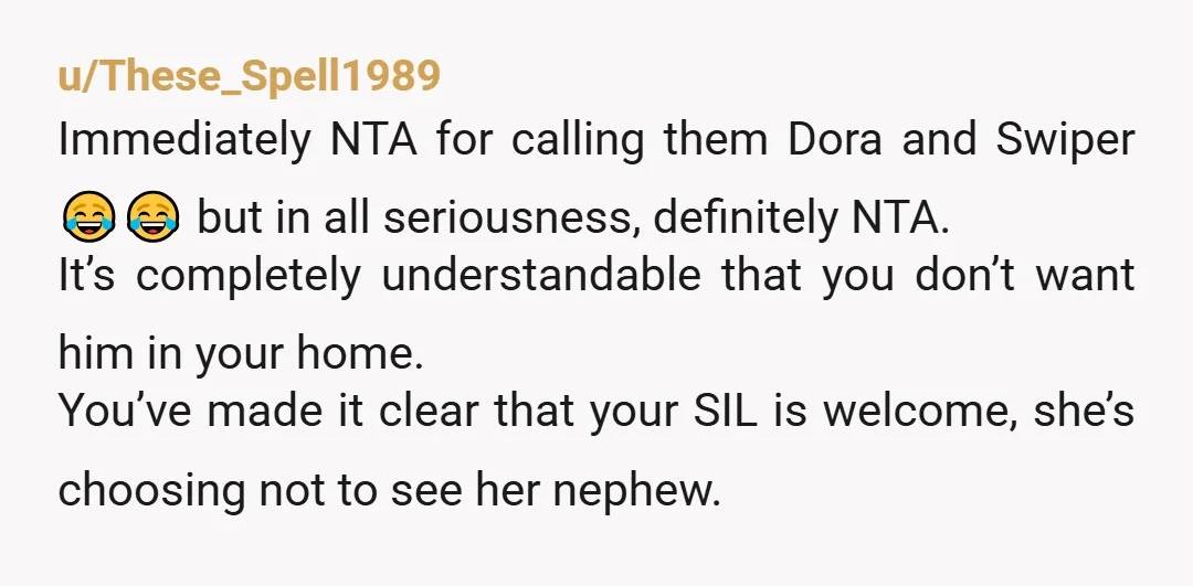 u/These_Spell1989 Immediately NTA for calling them Dora and Swiper 😂😂 but in all seriousness, definitely NTA. It’s completely understandable that you don’t want him in your home. You’ve made it...