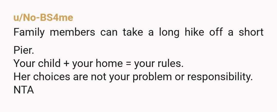 u/No-BS4me
Family members can take a long hike off a short Pier.
Your child + your home = your rules.
Her choices are not your problem or responsibility.
NTA
