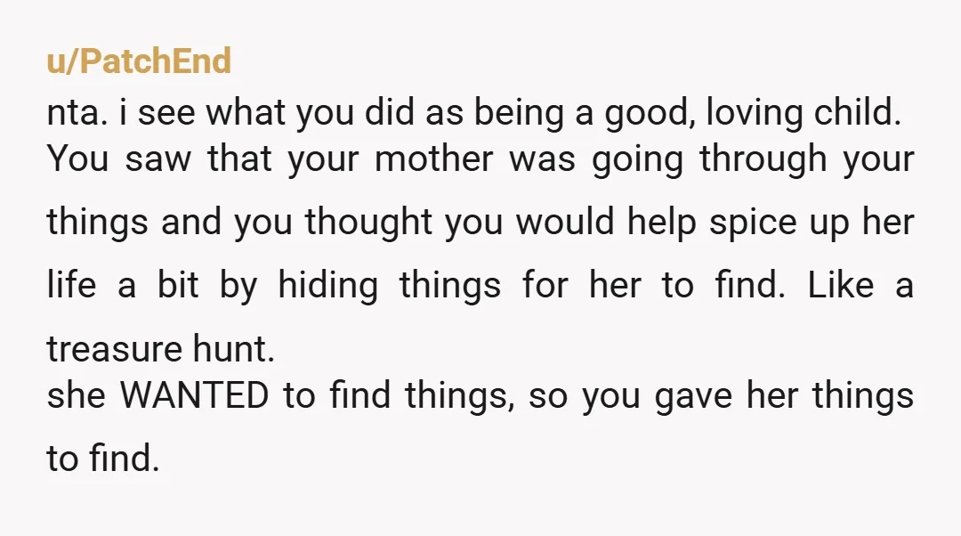 u/Cha_r_ley NTA. People who invade other people’s privacy don’t get to feel high and mighty about it. If she’d have had good reason to suspect you were a danger to...