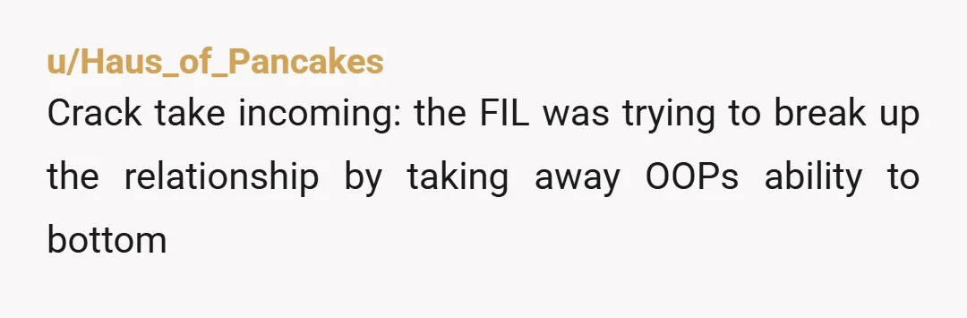 u/Haus_of_Pancakes
Crack take incoming: the FIL was trying to break up the relationship by taking away OOPs ability to bottom