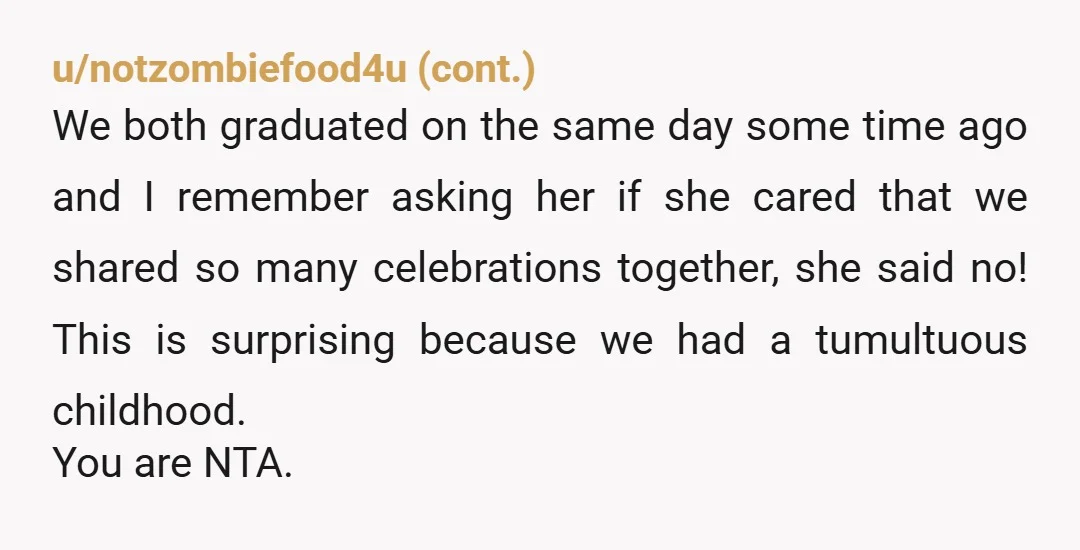 u/ArchMoon56 NTA. No one owns a date. “She researched the least popular dates to get married” so she would not have the share her wedding date? Is she a child?...