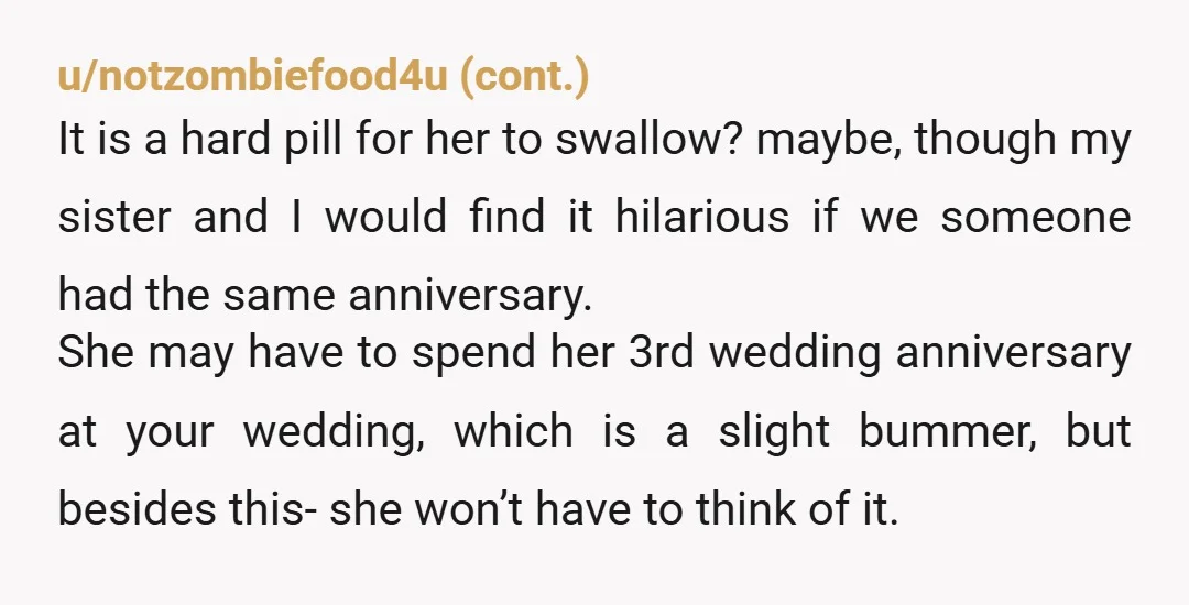 u/Inallea I'd understand the reaction if it was actually the date for her wedding but not a wedding anniversary. Over the years she will find many people who will share...