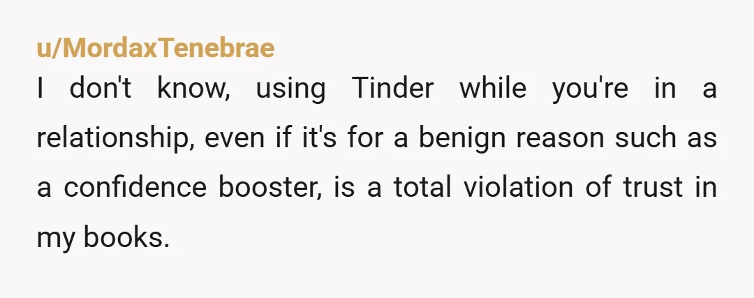 u/MordaxTenebrae I don't know, using Tinder while you're in a relationship, even if it's for a benign reason such as a confidence booster, is a total violation of trust in...