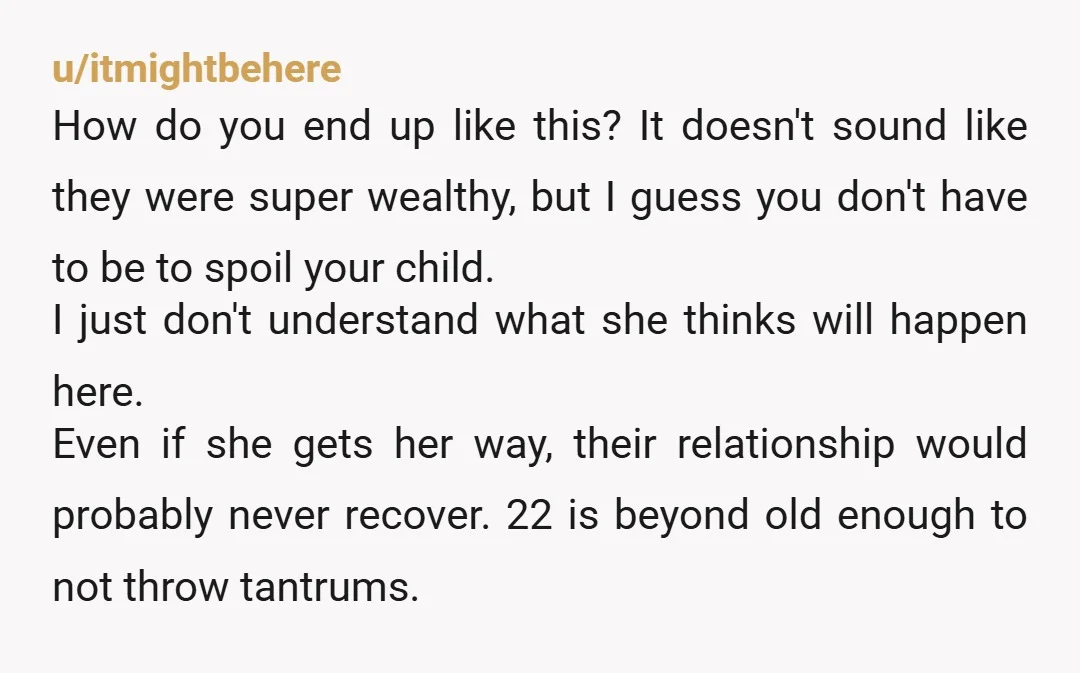 u/itmightbehere How do you end up like this? It doesn't sound like they were super wealthy, but I guess you don't have to be to spoil your child. I just...