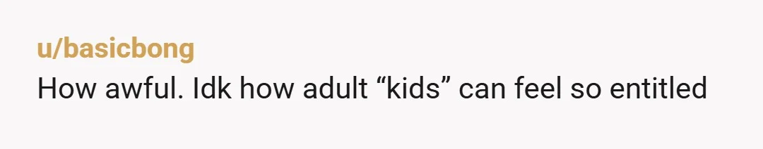 u/basicbong
How awful. Idk how adult “kids” can feel so entitled