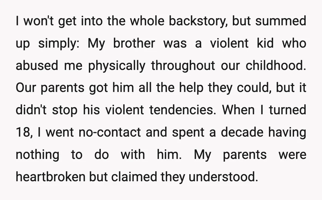 I won't get into the whole backstory, but summed up simply: My brother was a violent kid who abused me physically throughout our childhood. Our parents got him all the...