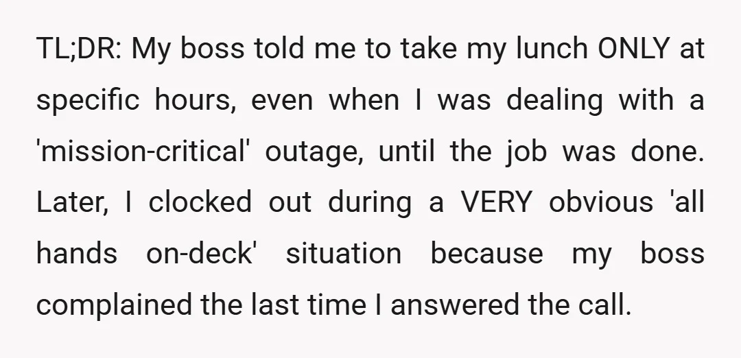 TL;DR: My boss told me to take my lunch ONLY at specific hours, even when I was dealing with a 'mission-critical' outage, until the job was done. Later, I clocked...