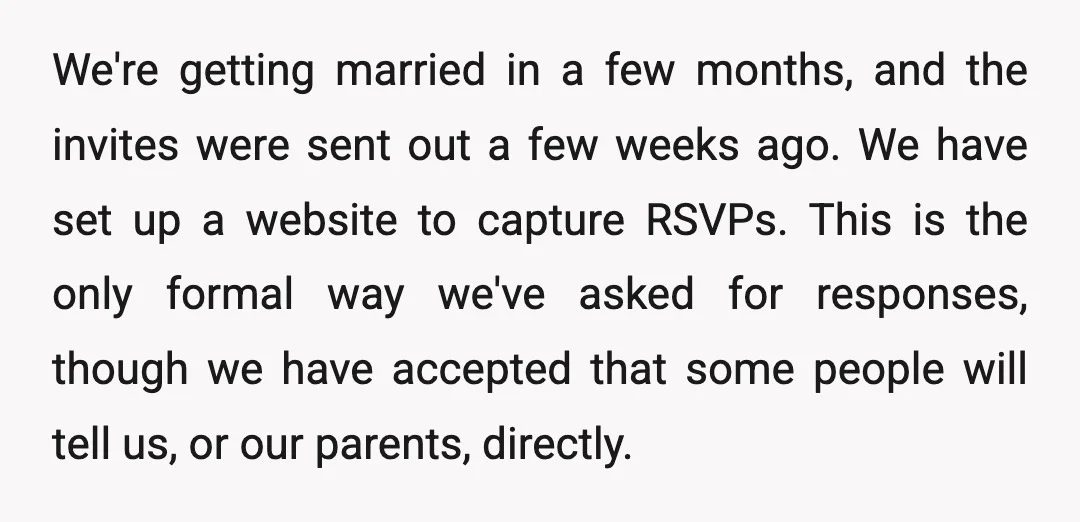 We're getting married in a few months, and the invites were sent out a few weeks ago. We have set up a website to capture RSVPs. This is the only...