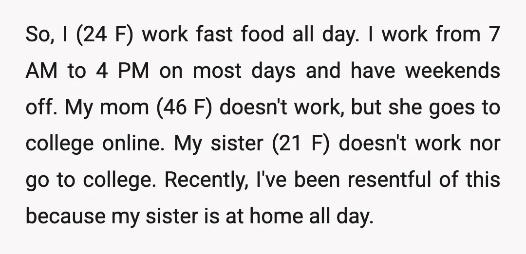 So, I (24 F) work fast food all day. I work from 7 AM to 4 PM on most days and have weekends off. My mom (46 F) doesn't work,...