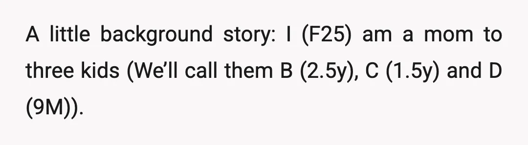 A little background story: I (F25) am a mom to three kids (We’ll call them B (2.5y), C (1.5y) and D (9M)).