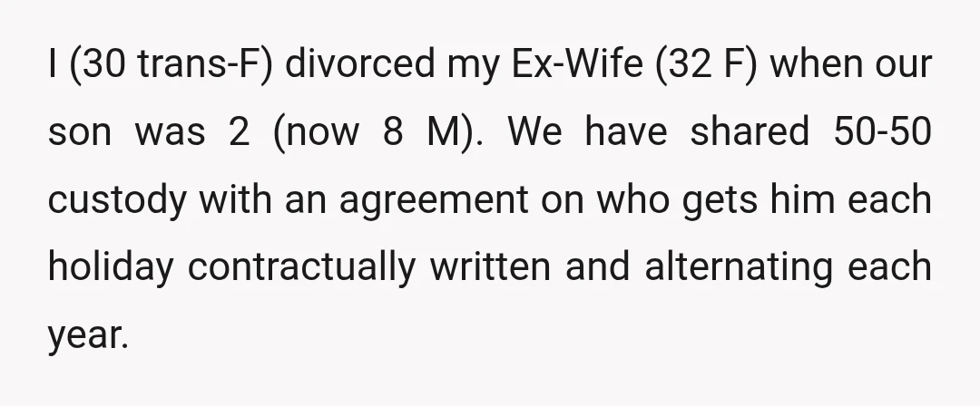 I (30 trans-F) divorced my Ex-Wife (32 F) when our son was 2 (now 8 M). We have shared 50-50 custody with an agreement on who gets him each holiday...