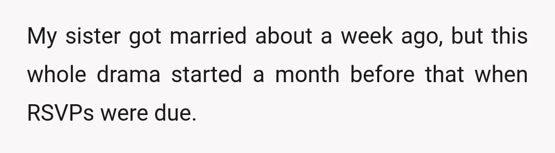 My sister got married about a week ago, but this whole drama started a month before that when RSVPs were due.