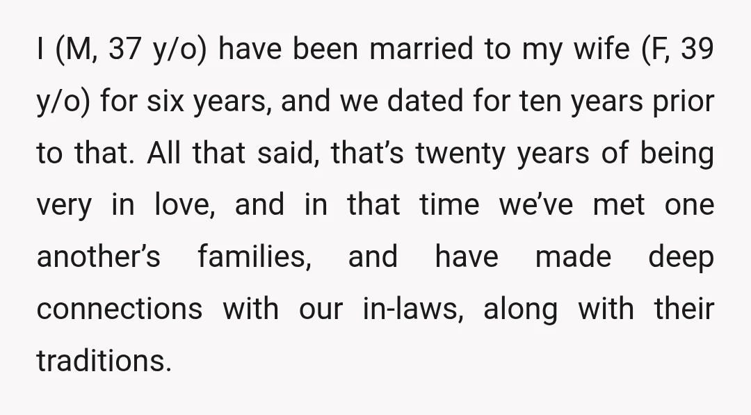 I (M, 37 y/o) have been married to my wife (F, 39 y/o) for six years, and we dated for ten years prior to that. All that said, that’s twenty...