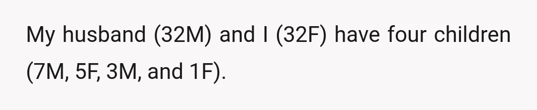 My husband (32M) and I (32F) have four children (7M, 5F, 3M, and 1F).