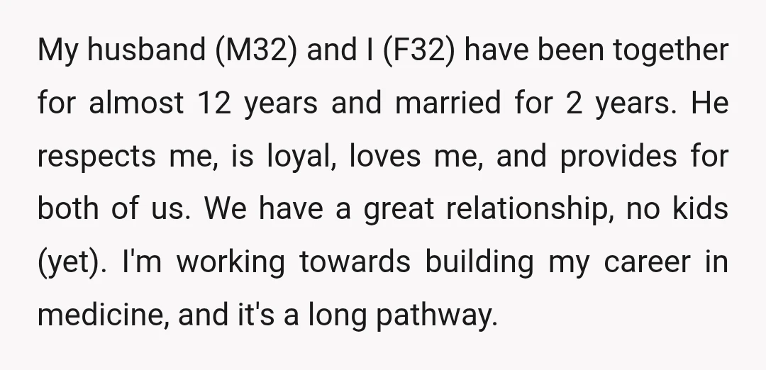 My husband (M32) and I (F32) have been together for almost 12 years and married for 2 years. He respects me, is loyal, loves me, and provides for both of...