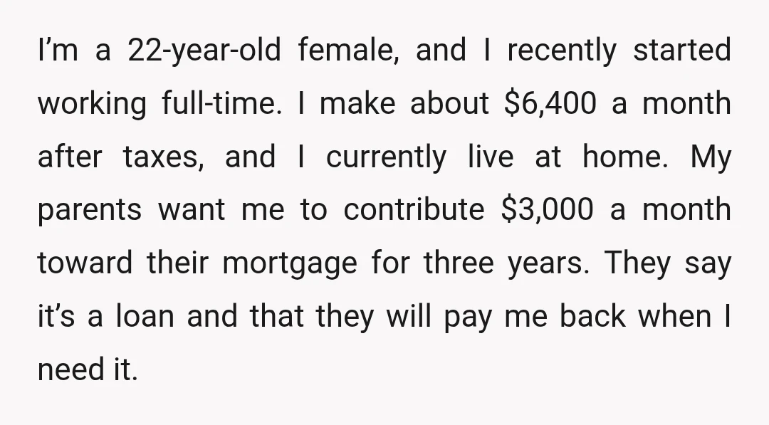 I’m a 22-year-old female, and I recently started working full-time. I make about $6,400 a month after taxes, and I currently live at home. My parents want me to contribute...