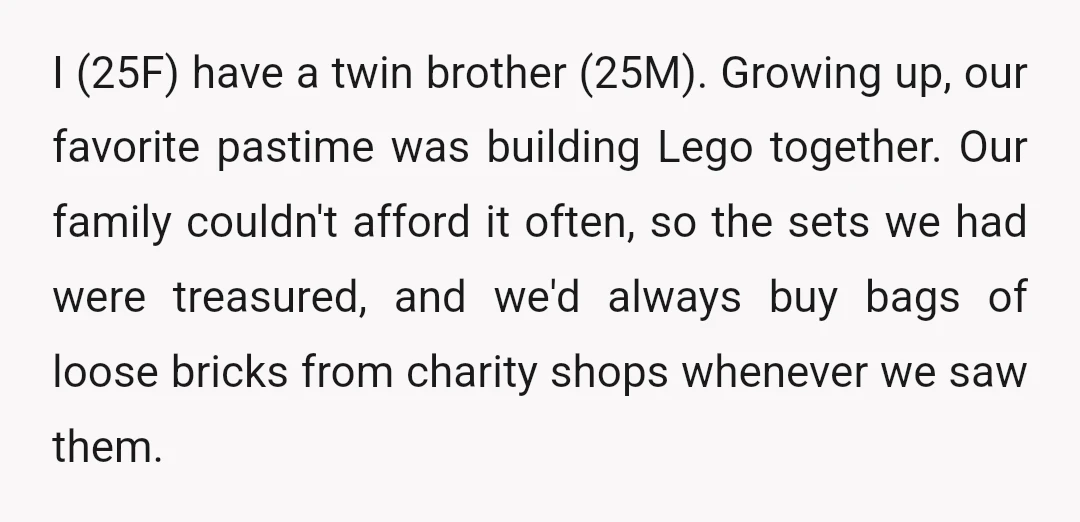 I (25F) have a twin brother (25M). Growing up, our favorite pastime was building Lego together. Our family couldn't afford it often, so the sets we had were treasured, and...