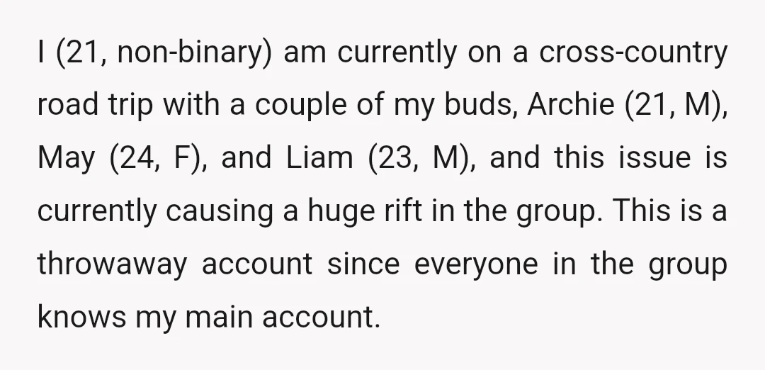 I (21, non-binary) am currently on a cross-country road trip with a couple of my buds, Archie (21, M), May (24, F), and Liam (23, M), and this issue is...