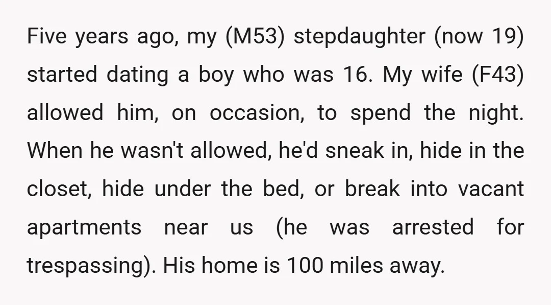 Five years ago, my (M53) stepdaughter (now 19) started dating a boy who was 16. My wife (F43) allowed him, on occasion, to spend the night. When he wasn't allowed,...