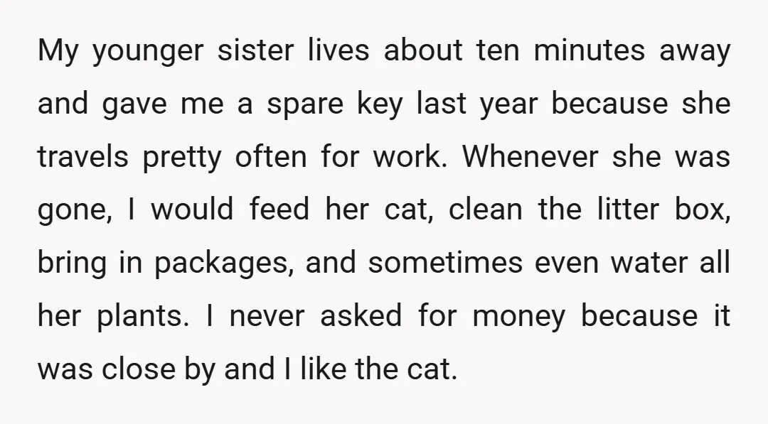 My younger sister lives about ten minutes away and gave me a spare key last year because she travels pretty often for work. Whenever she was gone, I would feed...
