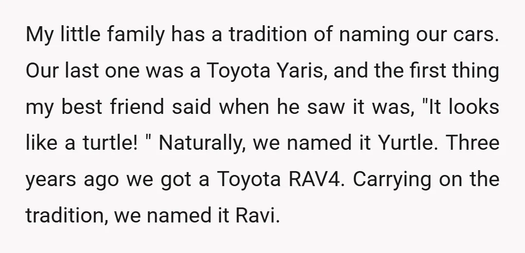 My little family has a tradition of naming our cars. Our last one was a Toyota Yaris, and the first thing my best friend said when he saw it was,...