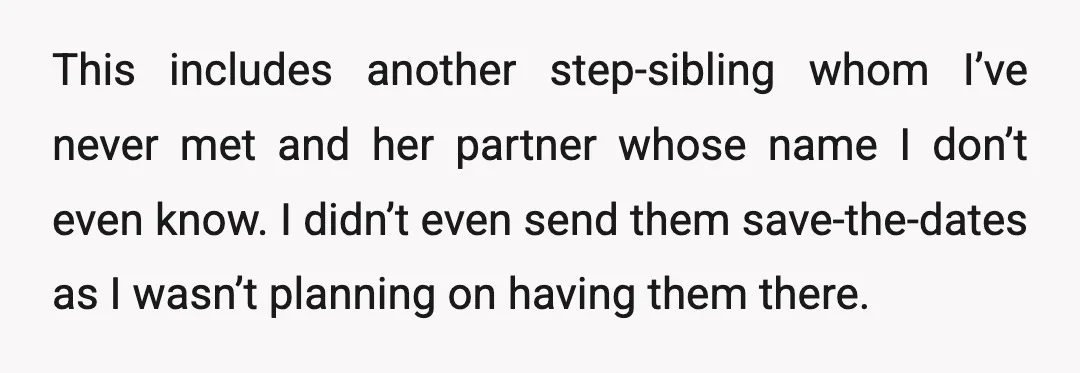 This includes another step-sibling whom I’ve never met and her partner whose name I don’t even know. I didn’t even send them save-the-dates as I wasn’t planning on having them...