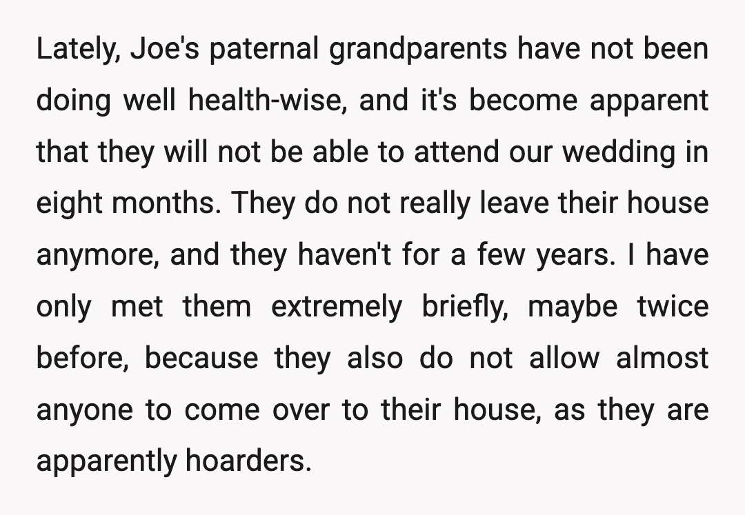 Lately, Joe's paternal grandparents have not been doing well health-wise, and it's become apparent that they will not be able to attend our wedding in eight months. They do not...