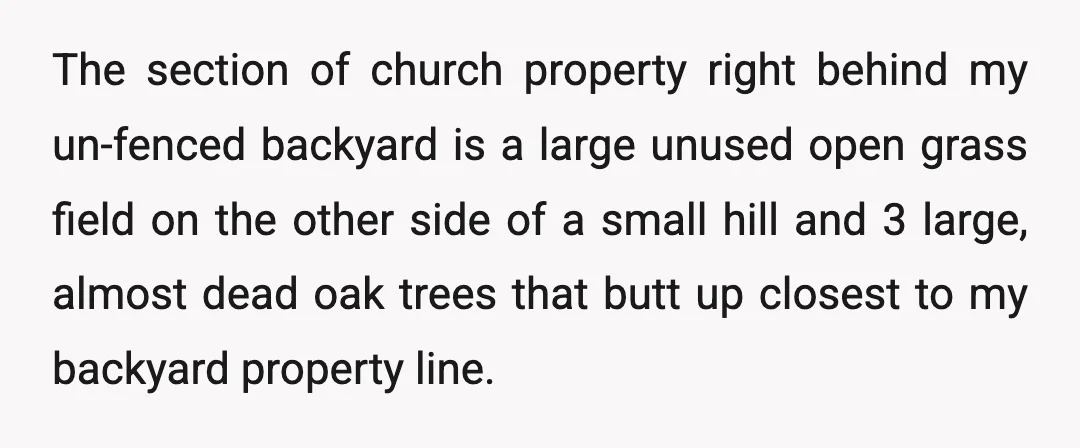 The section of church property right behind my un-fenced backyard is a large unused open grass field on the other side of a small hill and 3 large, almost dead...