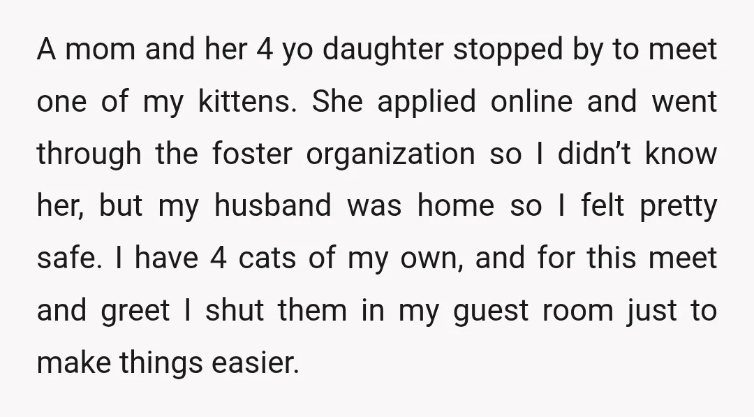 A mom and her 4 yo daughter stopped by to meet one of my kittens. She applied online and went through the foster organization so I didn’t know her, but...
