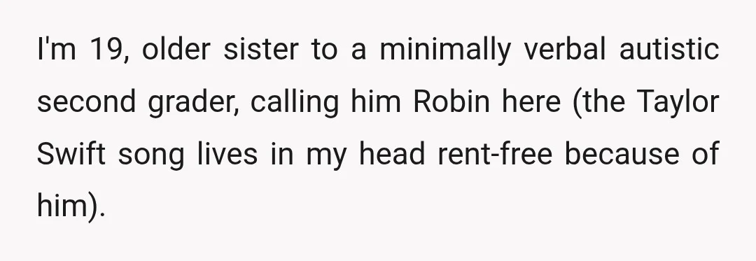 I'm 19, older sister to a minimally verbal autistic second grader, calling him Robin here (the Taylor Swift song lives in my head rent-free because of him).