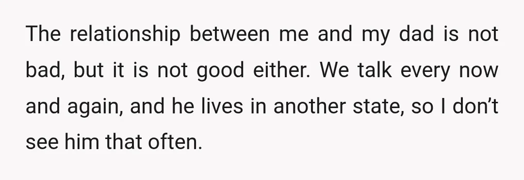 The relationship between me and my dad is not bad, but it is not good either. We talk every now and again, and he lives in another state, so I...