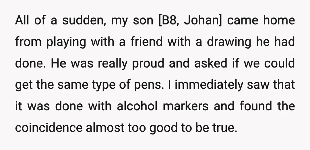 All of a sudden, my son [B8, Johan] came home from playing with a friend with a drawing he had done. He was really proud and asked if we could...
