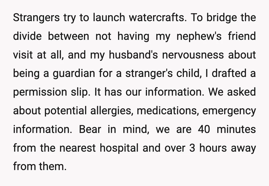 Strangers try to launch watercrafts. To bridge the divide between not having my nephew's friend visit at all, and my husband's nervousness about being a guardian for a stranger's child,...