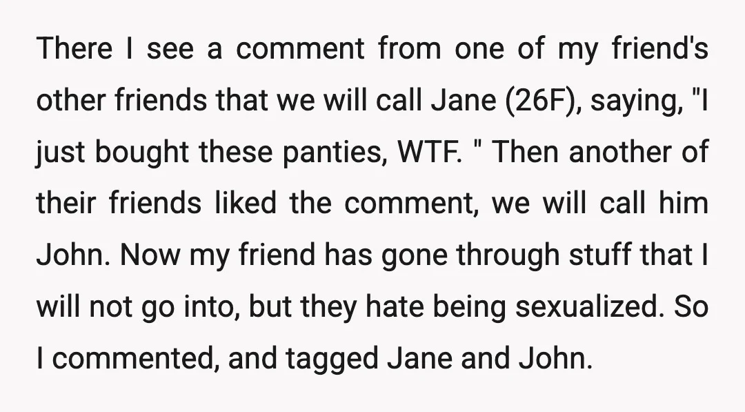 There I see a comment from one of my friend's other friends that we will call Jane (26F), saying, "I just bought these panties, WTF. " Then another of their...