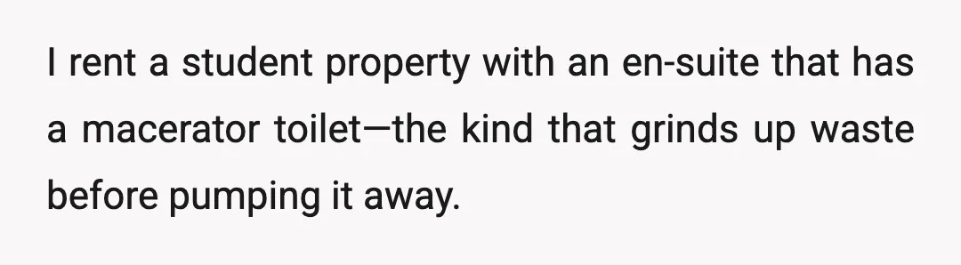 I rent a student property with an en-suite that has a macerator toilet—the kind that grinds up waste before pumping it away.