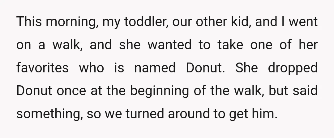 This morning, my toddler, our other kid, and I went on a walk, and she wanted to take one of her favorites who is named Donut. She dropped Donut once...
