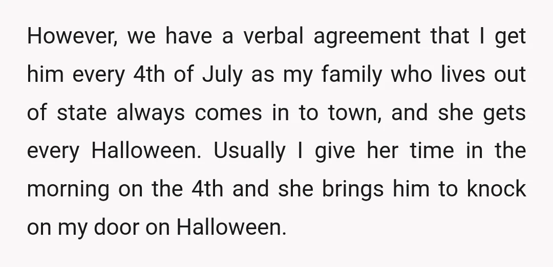 However, we have a verbal agreement that I get him every 4th of July as my family who lives out of state always comes in to town, and she gets...