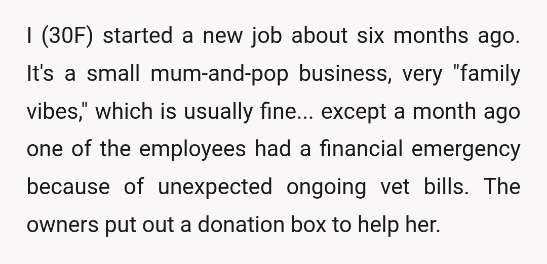 I (30F) started a new job about six months ago. It's a small mum-and-pop business, very "family vibes," which is usually fine... except a month ago one of the employees...