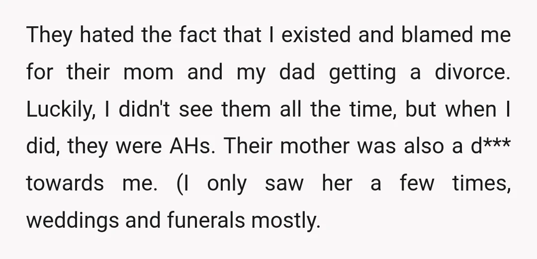 They hated the fact that I existed and blamed me for their mom and my dad getting a divorce. Luckily, I didn't see them all the time, but when I...