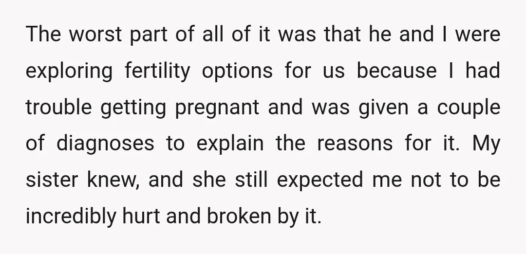 The worst part of all of it was that he and I were exploring fertility options for us because I had trouble getting pregnant and was given a couple of...