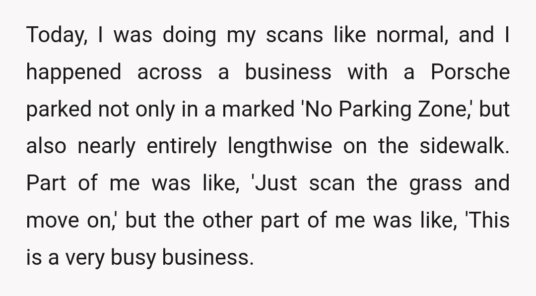 Today, I was doing my scans like normal, and I happened across a business with a Porsche parked not only in a marked 'No Parking Zone,' but also nearly entirely...