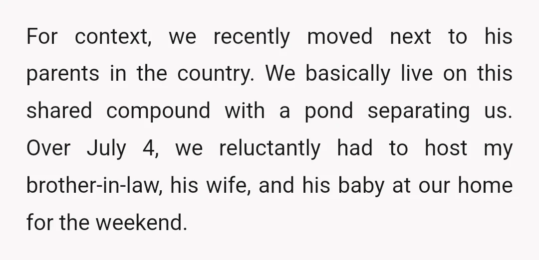 For context, we recently moved next to his parents in the country. We basically live on this shared compound with a pond separating us. Over July 4, we reluctantly had...