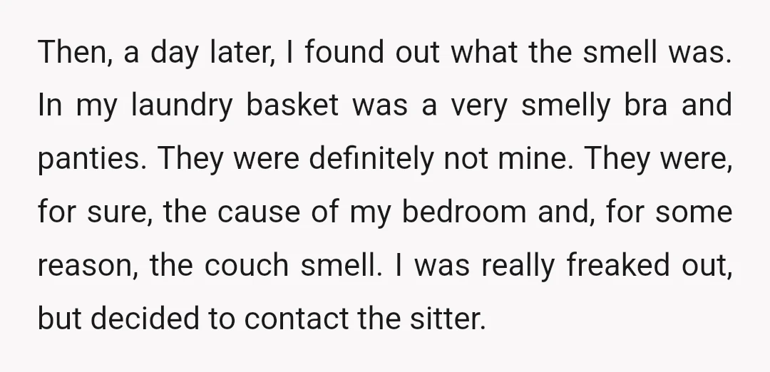 Then, a day later, I found out what the smell was. In my laundry basket was a very smelly bra and panties. They were definitely not mine. They were, for...