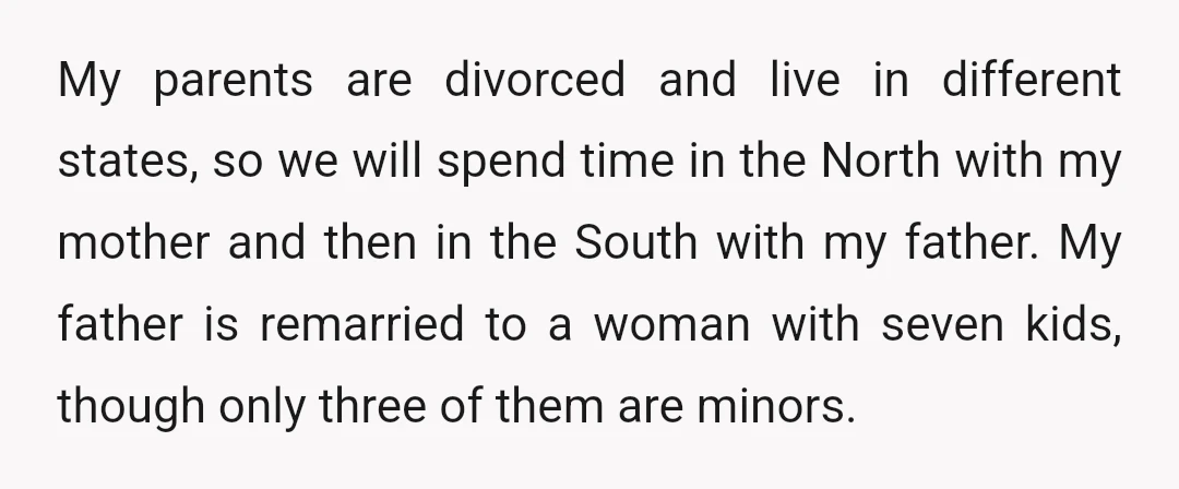 My parents are divorced and live in different states, so we will spend time in the North with my mother and then in the South with my father. My father...