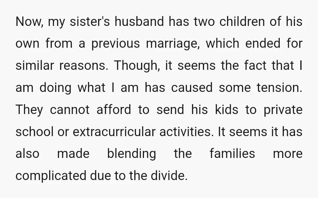 Now, my sister's husband has two children of his own from a previous marriage, which ended for similar reasons. Though, it seems the fact that I am doing what I...