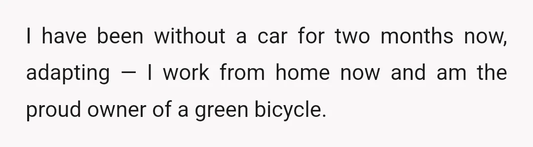 I have been without a car for two months now, adapting — I work from home now and am the proud owner of a green bicycle.