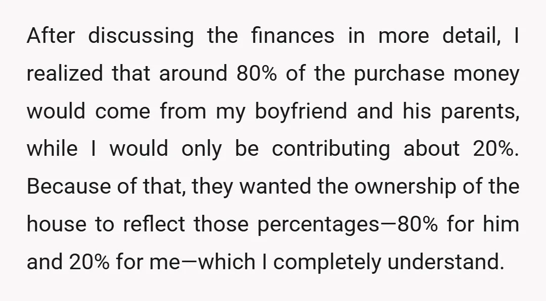 After discussing the finances in more detail, I realized that around 80% of the purchase money would come from my boyfriend and his parents, while I would only be contributing...
