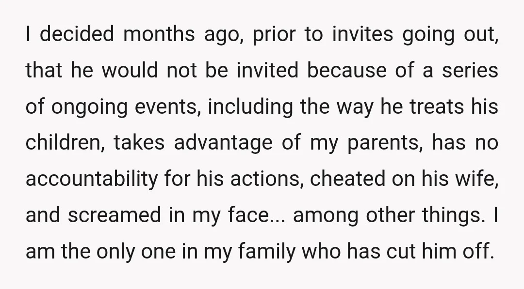 I decided months ago, prior to invites going out, that he would not be invited because of a series of ongoing events, including the way he treats his children, takes...